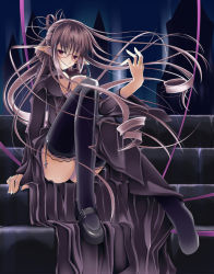 Rule 34 | 1girl, bad id, bad pixiv id, brown hair, doatobira, glasses, long hair, original, pointy ears, red eyes, shoes, single shoe, sitting, sitting on stairs, solo, stairs, thighhighs