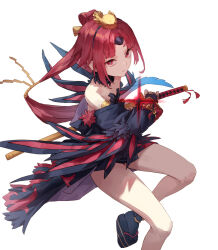 Rule 34 | 1girl, arm guards, benienma (fate), benienma alter (fate), bird hair ornament, black dress, blush, breasts, detached collar, detached sleeves, dress, fate/grand order, fate (series), feather-trimmed sleeves, feather trim, hair ornament, highres, katana, long hair, looking at viewer, low ponytail, obi, parted bangs, red eyes, red hair, sash, short dress, small breasts, solo, sword, tesin (7aehyun), thighs, very long hair, weapon, white background