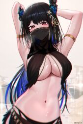 Rule 34 | 1girl, absurdres, alternate costume, arabian clothes, armlet, armpits, arms behind head, asymmetrical horns, bare shoulders, belly dancing, black hair, blue hair, blush, breasts, colored inner hair, commentary, dancer, demon horns, english commentary, hair ornament, highres, hololive, hololive english, horns, kotodekun, large breasts, long hair, looking at viewer, mole, mole under eye, mouth veil, multicolored hair, navel, nerissa ravencroft, red eyes, smile, solo, sweat, two-tone hair, uneven horns, veil, very long hair, virtual youtuber