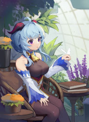 Rule 34 | :o, absurdres, ahoge, bare shoulders, bell, black legwear, blue hair, book, breasts, bug, butterfly, chair, cowbell, flower, ganyu (genshin impact), genshin impact, gloves, highres, horns, insect, kankou tokudou, medium breasts, plant, potted plant, purple eyes, sitting, solo, table