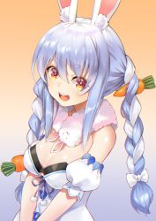 Rule 34 | 1girl, :d, absurdres, animal ear fluff, animal ears, bare shoulders, blue hair, braid, breasts, carrot, cleavage, detached sleeves, dress, ehime mikan (mikaaaaan128), fur collar, gradient background, hair between eyes, highres, hololive, light blush, looking at viewer, multicolored hair, open mouth, orange eyes, rabbit ears, sidelocks, small breasts, smile, solo, strapless, strapless dress, teeth, thick eyebrows, twin braids, twintails, two-tone hair, upper body, upper teeth only, usada pekora, usada pekora (1st costume), virtual youtuber