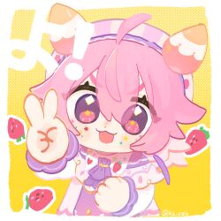 Rule 34 | 1girl, :d, ahoge, beret, blush stickers, chibi, commentary request, dress, facial mark, food, fruit, hair between eyes, hat, kiduta cielo, long sleeves, looking at viewer, nijisanji, open mouth, outline, pink hair, purple eyes, smile, solo, star (symbol), star in eye, strawberry, symbol in eye, thick eyebrows, upper body, ushimi ichigo, v, virtual youtuber, white dress, white outline