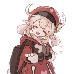 Rule 34 | 1girl, ahoge, backpack, bag, blonde hair, brown bag, cabbie hat, clapping, closed eyes, dress, genshin impact, happy, hat, head tilt, klee (genshin impact), long sleeves, open mouth, piri, pointy ears, red dress, red hat, simple background, smile, solo, twintails, upper body, white background