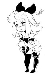 Rule 34 | 1girl, ahoge, anger vein, armor, boots, bow, bravely default: flying fairy, bravely default (series), edea lee, faulds, gauntlets, greyscale, hair bow, lilirulu, long hair, monochrome, pout, solo, thigh boots, thighhighs