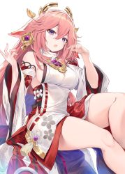 Rule 34 | 1girl, animal ears, bare shoulders, blush, breasts, detached sleeves, earrings, fal maro, fox ears, genshin impact, hair ornament, highres, jewelry, large breasts, long hair, looking at viewer, necklace, open mouth, pendant, pink hair, purple eyes, red skirt, sidelocks, skirt, sleeveless, solo, thighs, very long hair, wide sleeves, yae miko