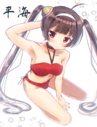 Rule 34 | 1girl, ahoge, arm behind head, arm up, armpits, azur lane, bad id, bad pixiv id, bare arms, bare shoulders, between legs, bikini, black ribbon, blunt bangs, blush, breasts, brown hair, character name, closed mouth, collarbone, hairband, hairpods, halterneck, hand between legs, highres, kisshii (kic1224), long hair, looking at viewer, medium breasts, ping hai (azur lane), ping hai (summer vacation) (azur lane), red bikini, red eyes, ribbon, ribbon-trimmed bikini, simple background, sitting, sketch, solo, swimsuit, thighs, twintails, very long hair, white background, white hairband