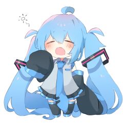 Rule 34 | ahoge, black skirt, black thighhighs, blue hair, blue necktie, blush, chibi, chibi only, closed eyes, detached sleeves, hatsune miku, highres, long hair, necktie, nekonika (e102k), open mouth, pleated skirt, skirt, sleeves past wrists, squeans, thighhighs, tie clip, twintails, vocaloid, yawning