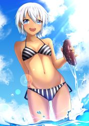 Rule 34 | 1girl, :d, animal, arm behind back, bikini, black nails, blue eyes, blue hair, blue sky, blush, breasts, cameltoe, cloud, dark-skinned female, dark skin, day, diagonal stripes, fingernails, from below, grey eyes, highres, holding, holding animal, lens flare, long fingernails, looking at viewer, matching hair/eyes, multicolored bikini, multicolored clothes, multicolored nails, nail polish, navel, open mouth, original, outdoors, sea cucumber, shadow, short hair, side-tie bikini bottom, sky, small breasts, smile, soaking feet, solo, standing, striped bikini, striped clothes, sunlight, swimsuit, takamiya nao, tan, tears, teeth, upper teeth only, vertical stripes, wading, water, water drop, white hair, white nails