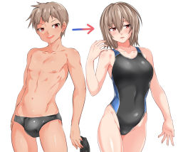 Rule 34 | 1boy, 1girl, :d, before and after, blush, breasts, brown eyes, collarbone, hair between eyes, highres, large breasts, light brown hair, looking at viewer, looking away, navel, nipples, open mouth, original, parted lips, pxkanif, short hair, simple background, smile, swimsuit, tagme, teeth, upper teeth only, white background