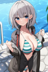 Rule 34 | 1girl, absurdres, bare shoulders, bikini, bikini under clothes, black shirt, blue eyes, blush, braid, breasts, cleavage, collarbone, collared shirt, green bikini, grey hair, grey jacket, highres, jacket, large breasts, long sleeves, looking at viewer, navel, off shoulder, open clothes, original, pool, poolside, shirt, short hair, smile, solo, striped bikini, striped clothes, suiroh (shideoukami), swimsuit, thighs