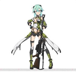 Rule 34 | 10s, 1girl, aqua eyes, aqua hair, breasts, cleavage, full body, gun, hair ornament, hairclip, hand on own hip, jpeg artifacts, long hair, looking at viewer, midriff, navel, rifle, short hair, short shorts, shorts, simple background, sinon, small breasts, smile, solo, sword art online, sword art online: code register, watermark, weapon, white background