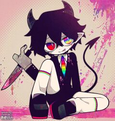 Rule 34 | 1boy, :p, black footwear, black hair, black nails, black suit, blood, blood on face, blood on ground, blood on wall, blood splatter, bloody knife, bright pupils, buttons, colored skin, demon boy, demon horns, demon tail, formal, funamusea (artist), heterochromia, highres, holding, holding knife, horns, knife, male focus, multicolored eyes, nail polish, necktie, original, pink background, pink blood, pointy ears, rainbow eyes, rainbow print, red eyes, shaded face, short hair, sitting, socks, suit, tail, tongue, tongue out, white pupils, white skin, white socks