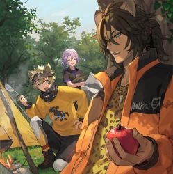 Rule 34 | 3boys, :d, animal ears, animal print, apple, black shorts, boots, brown hair, campfire, character request, check character, chorefuji, closed eyes, cooking, dark-skinned male, dark skin, epel felmier, fingernails, fire, food, fruit, grass, green eyes, hand on own hip, holding, holding food, holding fruit, jacket, jewelry, kneeling, leggings, leona kingscholar, leopard print, long sleeves, male focus, multiple boys, necklace, open clothes, open jacket, open mouth, orange jacket, outdoors, purple hair, ruggie bucchi, shirt, short sleeves, shorts, sky, smile, stick, teeth, tent, tree, twisted wonderland, visor cap, yellow shirt, |d