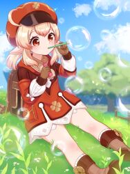 Rule 34 | 1girl, ahoge, ankle boots, ankle socks, backpack, bag, bare legs, blonde hair, blowing bubbles, blue sky, boots, bottle, brown bag, brown footwear, brown gloves, bubble, bubble pipe, bush, cabbie hat, child, clover, clover print, dress, four-leaf clover, full body, genshin impact, gloves, gold trim, gradient sky, hair between eyes, hat, highres, holding, holding bottle, klee (genshin impact), light blush, long sleeves, looking at object, low twintails, medium hair, nami harakamiaka, on grass, outdoors, pom pom (clothes), puffy long sleeves, puffy sleeves, randoseru, red dress, red eyes, red hat, sidelocks, sitting, sky, socks, tree, twintails, white socks