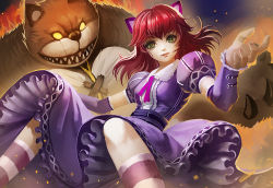 Rule 34 | 1girl, animal, animal ears, annie (league of legends), cat, closed mouth, detached sleeves, dress, frills, glowing, glowing eyes, green eyes, kneehighs, league of legends, light smile, long hair, looking at viewer, nail polish, neck ribbon, outstretched arms, pink nails, puffy short sleeves, puffy sleeves, purple dress, purple ribbon, red hair, ribbon, sash, sharp teeth, short sleeves, socks, striped clothes, striped socks, teeth, tibbers, turewindwalker, upskirt
