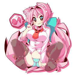Rule 34 | 1girl, animal ears, blush, bow, breasts, cameltoe, crazy developers, eyebrows, green eyes, hair bow, large breasts, long hair, looking at viewer, musical note, navel, necktie, no pants, original, panties, parted lips, pink hair, quaver, sitting, solo, souffle camberetto, souffle gamberetto, speech bubble, spoken musical note, striped clothes, striped panties, tail, thighhighs, trefoil, underwear, v, very long hair