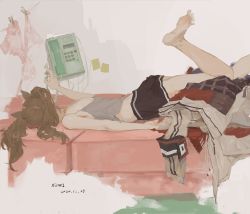 Rule 34 | 1girl, angelina (arknights), animal ears, arknights, artist name, bare arms, bare legs, barefoot, black shorts, bra, unworn bra, brown hair, clothes pin, clothesline, commentary request, couch, dated, face down, facing away, feet, fox ears, from side, grey tank top, jacket, unworn jacket, long hair, lying, on stomach, panties, unworn panties, phone, pink bra, pink panties, shorts, solo, sticky note, tank top, toes, twintails, underwear, xilmo