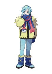 Rule 34 | 1boy, absurdres, artist request, blue eyes, blue footwear, blue hair, blue mittens, blue pants, blue scarf, covered mouth, creatures (company), expressionless, game freak, grusha (pokemon), highres, jacket, long hair, mittens, nintendo, official art, pants, pokemon, pokemon sv, red scarf, scarf, simple background, snow boots, solo, transparent background, trap, yellow jacket