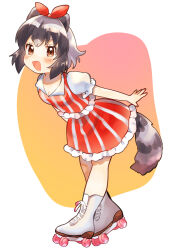 Rule 34 | 1girl, alternate costume, animal ears, black hair, bow, brown eyes, common raccoon (kemono friends), dress, highres, kemono friends, nail polish, open mouth, raccoon ears, raccoon girl, raccoon tail, red bow, red nails, roller skates, short hair, simple background, skates, solo, striped clothes, striped dress, striped tail, suicchonsuisui, tail, white footwear