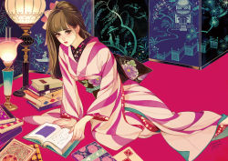 Rule 34 | 1girl, book, brown eyes, brown hair, highres, japanese clothes, kimono, long hair, matsuo hiromi, obi, original, sash, solo