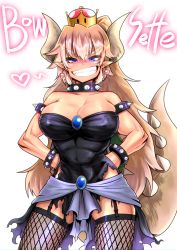 Rule 34 | 1girl, armlet, bare shoulders, biceps, black dress, blonde hair, borrowed design, bowsette, bracelet, breasts, character name, choker, crown, dress, fishnet thighhighs, fishnets, garter straps, haga souken, hands on own hips, highres, horns, jewelry, large breasts, long hair, looking at viewer, mario (series), muscular, muscular female, new super mario bros. u deluxe, nintendo, sharp teeth, smile, spiked armlet, spiked bracelet, spiked choker, spikes, super crown, tail, teeth, thighhighs, torn clothes, torn dress, turtle shell, very long hair