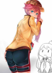 Rule 34 | 1girl, ass, ass grab, bike shorts, blue eyes, blush, character request, deep skin, from behind, hat, leaning, leaning forward, long hair, looking at viewer, pink hair, pocky, side ponytail, simple background, souzando, toys drive, very long hair, white background