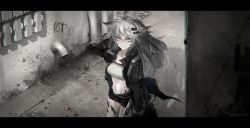Rule 34 | 1girl, alley, animal ears, arknights, black jacket, black shorts, breasts, collarbone, cowboy shot, day, drainpipe, facepaint, grey eyes, hair ornament, hairclip, hand in own hair, highres, jacket, lappland (arknights), letterboxed, long hair, long sleeves, looking at viewer, material growth, medium breasts, midriff, navel, oripathy lesion (arknights), outdoors, rkzrok, shadow, short shorts, shorts, silver hair, solo, strapless, sword, tail, thighs, tube top, twitter username, weapon, wolf ears, wolf tail