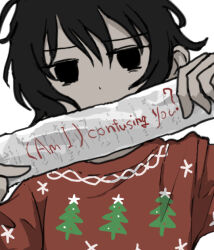 Rule 34 | 1girl, black eyes, black hair, christmas sweater, christmas tree print, covered mouth, english text, furrowed brow, half-closed eyes, hands up, holding, holding paper, looking at viewer, messy hair, no sclera, original, paper, print sweater, red sweater, short hair, simple background, solo, sweater, umi ha kirai, upper body, white background