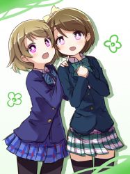 Rule 34 | 10s, 2girls, black legwear, blazer, bow, brown hair, dual persona, hair bow, hands on another&#039;s shoulders, jacket, koizumi hanayo, love live!, love live! school idol project, multiple girls, own hands together, pantyhose, plaid, plaid skirt, pointing, purple eyes, shipii (jigglypuff), short hair, skirt, thighhighs