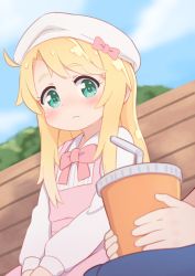 Rule 34 | 2girls, :&lt;, bench, blonde hair, blush, bow, child, closed mouth, cloud, commentary request, cup, day, disposable cup, dress, drinking straw, green eyes, hat, hat bow, hatafuta, himesaka noa, holding, holding cup, hoshino hinata, long hair, long sleeves, looking at viewer, multiple girls, out of frame, park bench, pink bow, pink dress, shirt, sitting, sky, sleeveless, sleeveless dress, solo focus, thick eyebrows, very long hair, watashi ni tenshi ga maiorita!, white headwear, white shirt