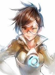 Rule 34 | armor, brown eyes, brown hair, glowing, goggles, matsuda (matsukichi), one eye closed, overwatch, overwatch 1, solo, tracer (overwatch)