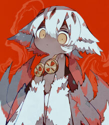 Rule 34 | 1girl, absurdres, animal ears, body fur, closed mouth, commentary, dark-skinned female, dark skin, extra arms, faputa, goggles, goggles around breasts, goggles around neck, grey hair, hair between eyes, highres, looking at viewer, made in abyss, monster girl, multicolored hair, multiple tails, orange eyes, red background, short hair, solo, soresaki, tail, white fur, white hair, white tail