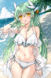 Rule 34 | 1girl, bare shoulders, bikini, blush, breasts, cleavage, collarbone, dragon girl, dragon horns, fate/grand order, fate (series), grey hair, highres, horns, kiyohime (fate), large breasts, long hair, long sleeves, looking at viewer, morizono shiki, navel, off shoulder, outdoors, parted lips, smile, solo, swimsuit, thighs, water, white bikini, yellow eyes