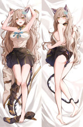 Rule 34 | 1girl, absurdres, amyu (amm asl pa), animal ears, armpits, arms up, ass, backless outfit, bare legs, barefoot, bed sheet, black footwear, black panties, black skirt, blue ribbon, blush, boots, breasts, cleavage, closed mouth, collar, commentary, dakimakura (medium), detached collar, embarrassed, english commentary, euphemia chevalier, female focus, flower, frilled collar, frills, from above, full body, furrowed brow, hair between eyes, hair flower, hair ornament, highres, indie virtual youtuber, knee boots, knees together feet apart, lace, lace-trimmed panties, lace trim, light brown hair, long hair, looking at viewer, lying, mechanical tail, medium breasts, miniskirt, mixed-language commentary, multiple views, off-shoulder shirt, off shoulder, official art, on back, on stomach, open mouth, panties, ribbon, sheet grab, shirt, sideboob, single boot, skirt, tail, underwear, unworn boot, unworn boots, virtual youtuber, wavy hair, white shirt, yellow eyes