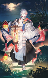 Rule 34 | 1boy, bishounen, food fantasy, full body, highres, imonovel, japanese clothes, lantern, looking at viewer, moon, night, night sky, official art, pale skin, pink eyes, sea bream sashimi (food fantasy), second-party source, silver hair, sky, walking, walking on liquid, water