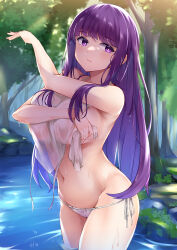 Rule 34 | 1girl, breasts, closed mouth, commentary request, day, fern (sousou no frieren), forest, highres, irohara, large breasts, long hair, looking at viewer, nature, navel, outdoors, panties, partially submerged, purple eyes, purple hair, revision, side-tie panties, sideboob, solo, sousou no frieren, standing, stomach, thighs, topless, towel, underwear, water, wet, wet hair, white panties