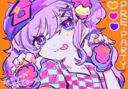 Rule 34 | 1girl, bouryokuteki ni kawaii, cat hair ornament, checkered clothes, checkered shirt, dated, fingerless gloves, gloves, hair between eyes, hair ornament, hands up, heart, highres, kiato, long hair, looking at viewer, nail polish, orange background, orange nails, paw print, purple eyes, purple gloves, purple hair, shirt, short sleeves, signature, smile, solo, tongue, tongue out, two side up, upper body, x hair ornament