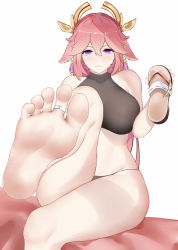 Rule 34 | 1girl, barefoot, black panties, feet, foot focus, foreshortening, genshin impact, hair between eyes, heart, heart-shaped pupils, highres, holding, holding shoes, jewelry, long hair, looking at viewer, panties, pink hair, purple eyes, sandals, shoes, simple background, single shoe, smile, soles, solo, symbol-shaped pupils, thighs, toe ring, toes, underwear, underwear only, unworn sandals, unworn shoes, white background, yae miko