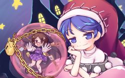 Rule 34 | antinomy of common flowers, blue eyes, blue hair, brown hair, building, cape, capelet, chain, doremy sweet, dream soul, dress, full body, glasses, gloves, hat, hat ribbon, head rest, isu (is88), kneehighs, layered dress, loafers, lock, long sleeves, looking at viewer, mini person, minigirl, nightcap, open mouth, orb, outstretched arms, plaid, plaid skirt, plaid vest, pom pom (clothes), quimbaya airplane, red-framed eyewear, ribbon, school uniform, semi-rimless eyewear, shoes, short hair, skirt, smug, socks, star (symbol), sweatdrop, touhou, trapped, under-rim eyewear, usami sumireko, vest, white gloves, white legwear, window, zener card