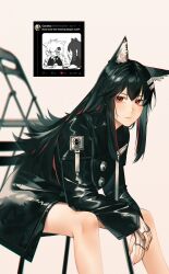 Rule 34 | 1girl, absurdres, animal ear fluff, animal ears, arknights, black coat, black hair, chair, closed mouth, coat, colored inner hair, commentary, cosplay, english commentary, fingerless gloves, folding chair, gloves, grey background, hair ornament, hairclip, highres, lappland (arknights), lappland (arknights) (cosplay), long hair, long sleeves, looking at viewer, lufi ays, multicolored hair, red eyes, red hair, request inset, sidelocks, simple background, sitting, solo, texas (arknights), two-tone hair, white gloves, wolf ears, wolf girl