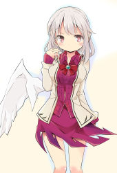 Rule 34 | 1girl, absurdres, blush, breasts, closed mouth, feathered wings, feet out of frame, hair between eyes, highres, jacket, kishin sagume, large breasts, long sleeves, mukuroi, open clothes, open jacket, purple eyes, purple skirt, short hair, single wing, skirt, solo, touhou, white hair, white jacket, wings