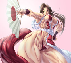Rule 34 | 1girl, abs, breasts, brown eyes, brown hair, covered erect nipples, extreme muscles, hand fan, fatal fury, female focus, hair ornament, highres, large breasts, long hair, muscular, ponytail, purukogi (plasma beach), rope, shiranui mai, snk, solo, the king of fighters, thick thighs, thighs