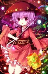 Rule 34 | 1girl, barefoot, bowl, bowl hat, hat, highres, japanese clothes, kimono, looking at viewer, mallet, moseley, needle, obi, open mouth, purple eyes, purple hair, sash, short hair, solo, sparkle, sukuna shinmyoumaru, touhou