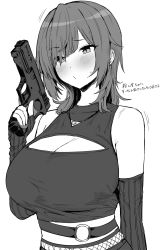 Rule 34 | 1girl, absurdres, bare shoulders, blush, breasts, cleavage, cleavage cutout, clothing cutout, elbow gloves, fingerless gloves, gloves, greyscale, gun, handgun, highres, holding, holding gun, holding weapon, hotate-chan, large breasts, medium hair, monochrome, original, pistol, solo, translation request, upper body, weapon
