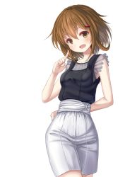 Rule 34 | 1girl, alternate costume, black shirt, blouse, breasts, brown eyes, brown hair, fang, ikazuchi (kancolle), kantai collection, open mouth, shirt, short hair, shorts, simple background, small breasts, solo, white background, yatsu seisakusho