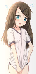 Rule 34 | 1girl, black buruma, blue eyes, blush, brown hair, buruma, clothes pull, commentary request, covering privates, covering crotch, fang, flying sweatdrops, gradient background, grey background, gym shirt, gym uniform, hair ornament, hairclip, highres, long hair, looking at viewer, open mouth, original, pulling own clothes, shirt, shirt pull, short sleeves, solo, sweat, swept bangs, takasuma hiro, white shirt