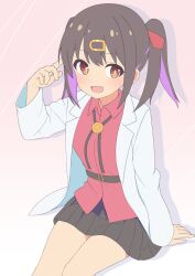 Rule 34 | 1girl, black skirt, blush, bolo tie, brown hair, coat, hair ornament, hairclip, hand on own head, highres, lab coat, long sleeves, looking at viewer, mikoscrub, multicolored hair, onii-chan wa oshimai!, open clothes, open coat, open mouth, orange eyes, oyama mihari, purple hair, red shirt, shirt, simple background, sitting, skirt, smile, solo, twintails, two-tone hair