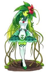 Rule 34 | 1girl, alraune, boots, breasts, colored sclera, colored skin, flower, flower on head, full body, green skin, green skirt, hair flower, hair ornament, highres, lolita fashion, long hair, medium breasts, monster girl, original, outdoors, path, pink eyes, plant girl, qi lolita, road, simple background, skirt, smile, solo, standing, tanpopo hayabusa-maru, thighhighs, v-shaped eyebrows, very long hair, white background, white footwear, white thighhighs, yellow sclera