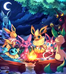 Rule 34 | absurdres, black eyes, blue eyes, blue hair, bow, campfire, cloud, colored sclera, creatures (company), espeon, fire, flareon, food, forehead jewel, game freak, gen 1 pokemon, gen 2 pokemon, gen 4 pokemon, gen 6 pokemon, glaceon, highres, holding, jolteon, kaleido-art, leafeon, log, marshmallow, moon, night, nintendo, no humans, pokemon, pokemon (creature), purple eyes, red sclera, ribbon, sidelocks, sitting, smile, stick, sylveon, tree, umbreon, vaporeon