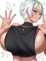 Rule 34 | 1girl, absurdres, black shirt, black wristband, blonde hair, breasts, chain, crop top, crop top pull, dark-skinned female, dark skin, gold chain, gold necklace, grin, highres, huge breasts, jewelry, looking to the side, luvdia, multicolored hair, necklace, park dona, shirt, short hair, sideboob, sleeveless, sleeveless shirt, smile, solo, streaked hair, tan, tewaki, turning head, upper body, virtual youtuber, white hair, yellow background